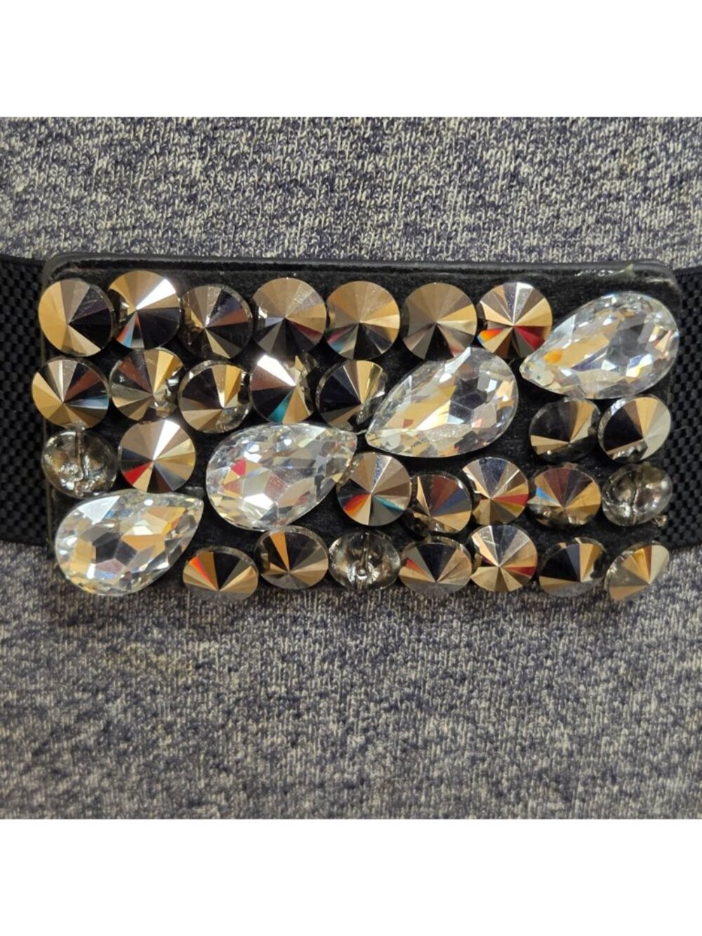Black Womens Waist Belt Black Elastic Clear Gray Rhinestone Buckle Vintage - Picture 2 of 10